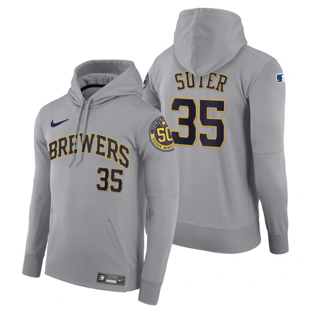 Men Milwaukee Brewers 35 Suter gray road hoodie 2021 MLB Nike Jerseys